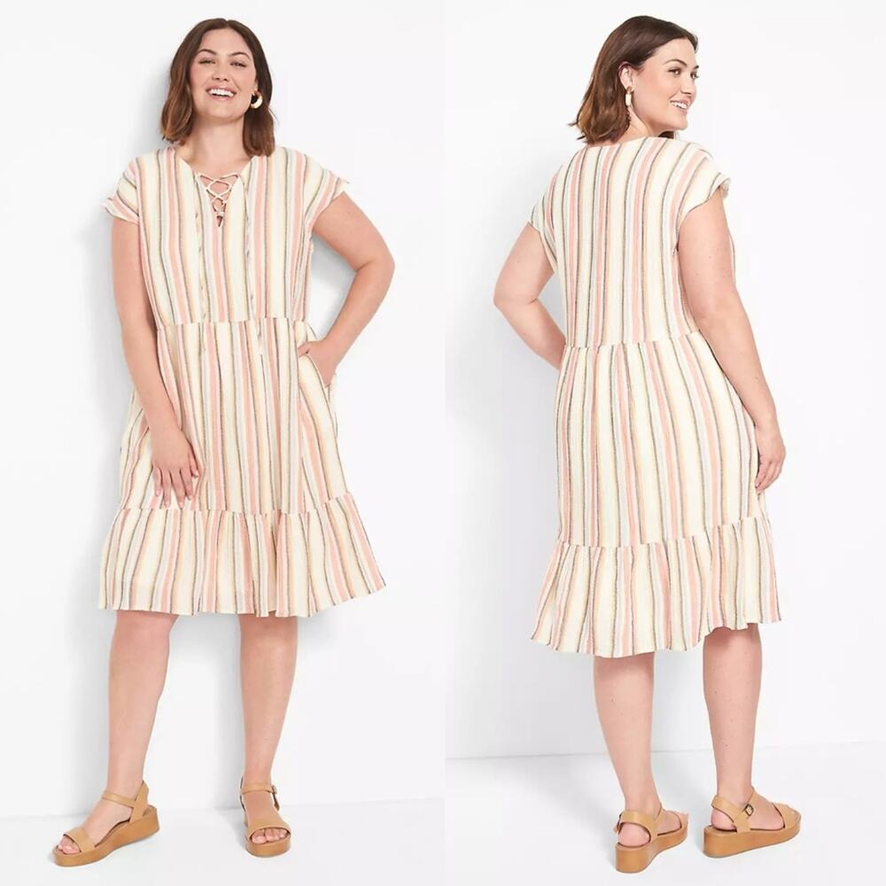 Lane Bryant Dolman-Sleeve Midi Swing Dress Striped With‎ Lace-Up Detail Size 20